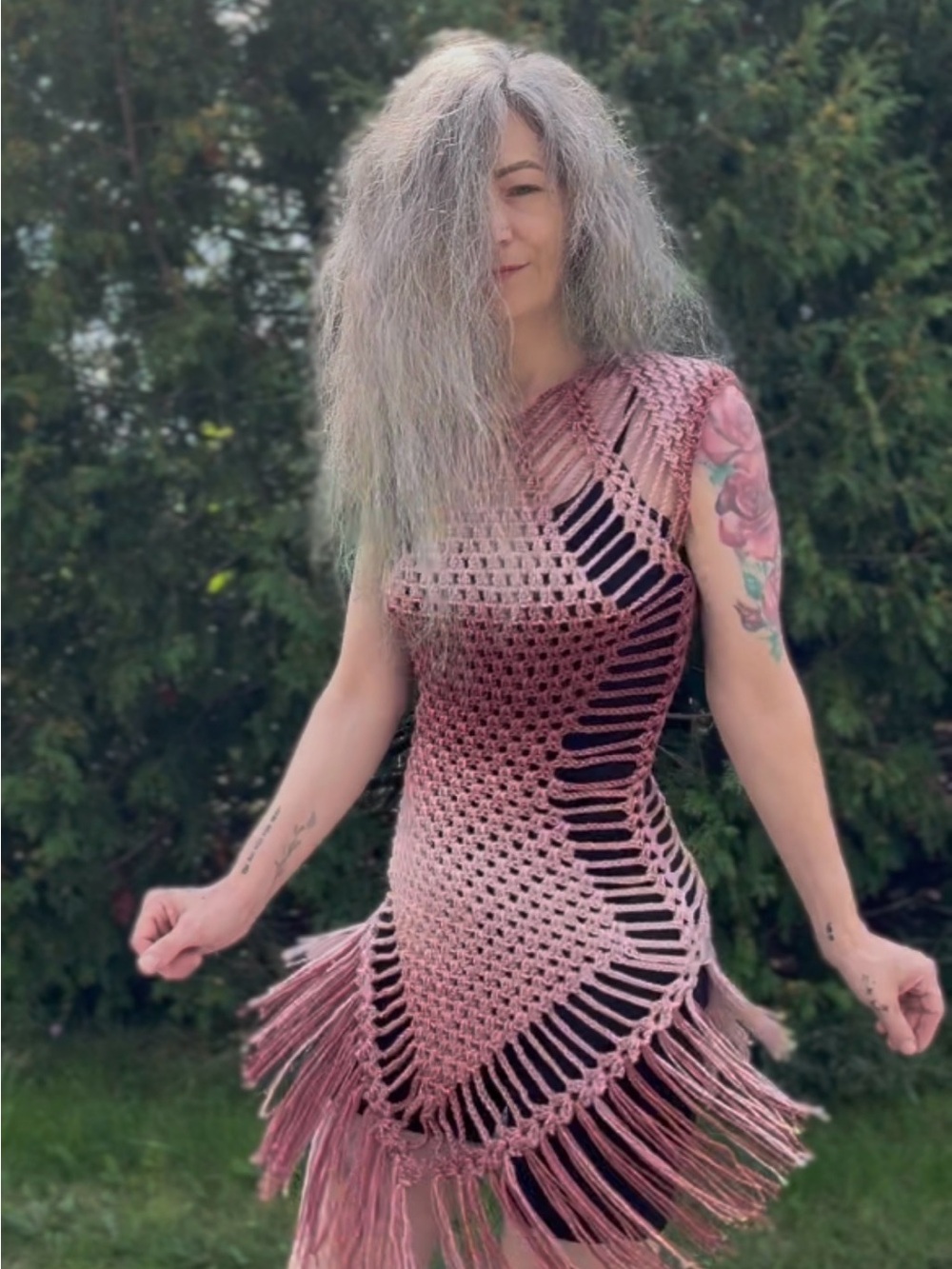 Crochet Mini Dress with Fringe in Dusty Pink | Handmade